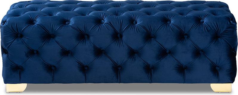 Wholesale Interiors Ottomans & Stools - Avara Glam & Luxe Royal Blue and Gold Finished Button Tufted Bench Ottoman