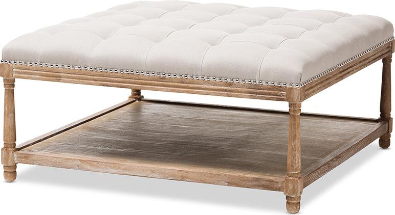 Wholesale Interiors Ottomans & Stools - Carlotta French Country Weathered Oak Beige Linen Square Coffee Table Ottoman