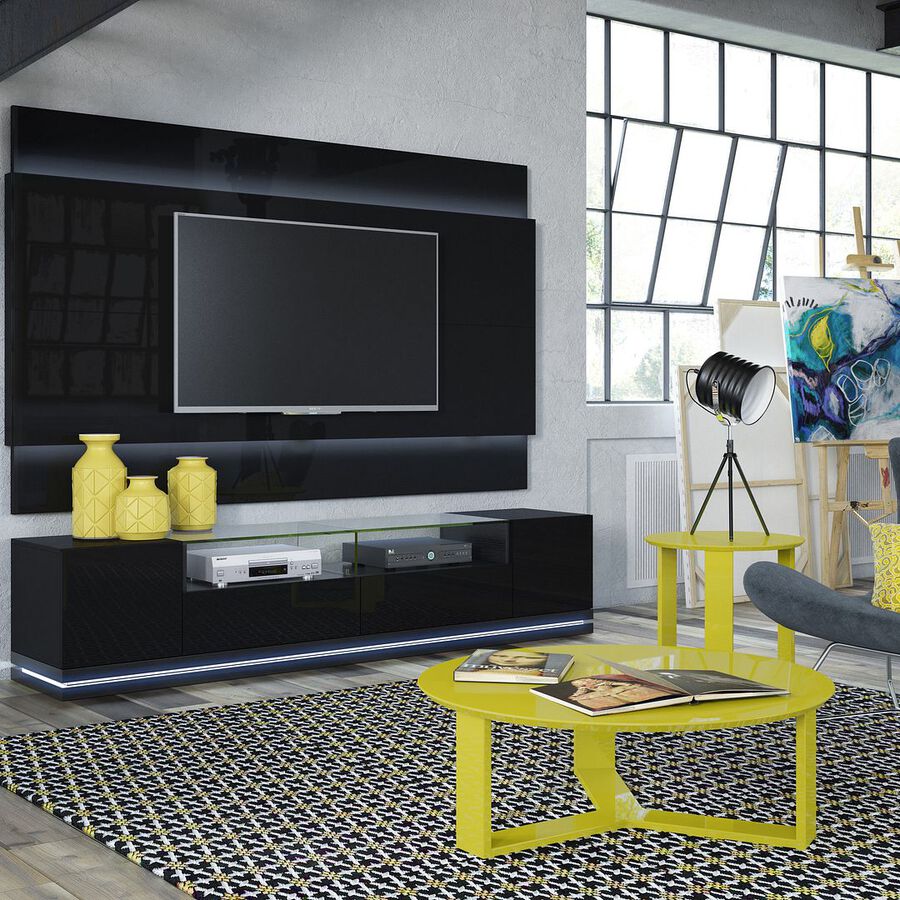 Manhattan Comfort TV & Media Units - Vanderbilt TV Stand and Cabrini 2.2 Floating Wall TV Panel in Black Gloss and Black Matte