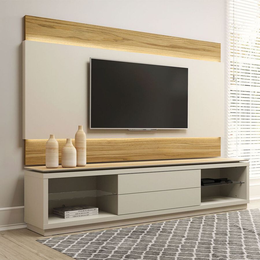 Manhattan Comfort TV & Media Units - Lincoln 85" TV Stand & Panel with LED Lights in Off White & Cinnamon