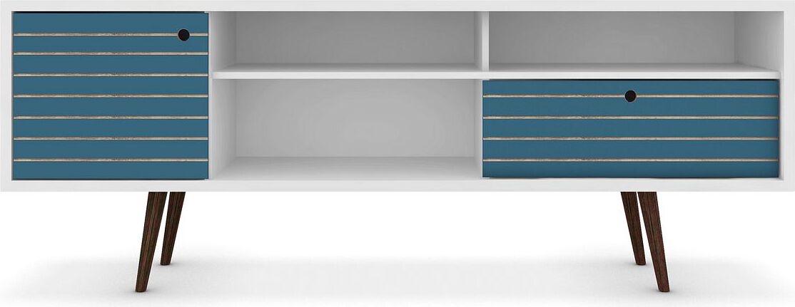 Manhattan Comfort TV & Media Units - Liberty 70.86" Mid-Century - Modern TV Stand with 4 Shelving Spaces & 1 Drawer in White & Aqua Blue