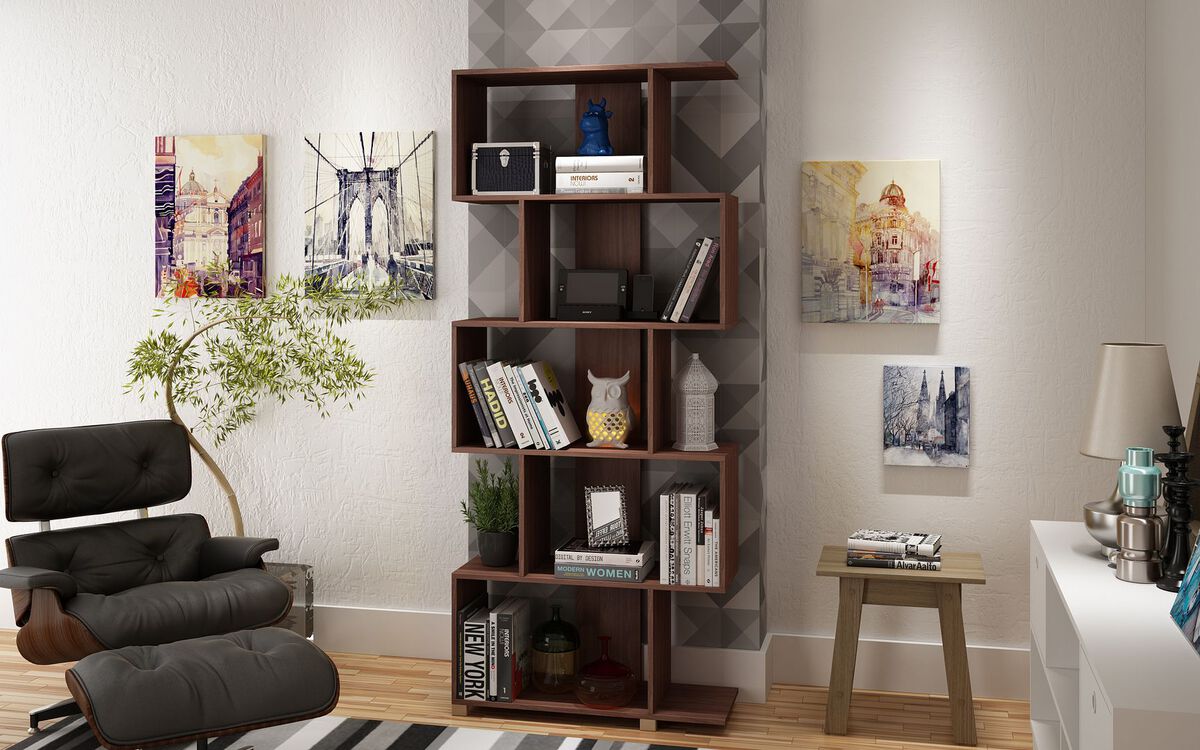 Manhattan Comfort Bookcases & Display Units - Charming Petrolina Z- Shelf with 5 shelves in Nut Brown