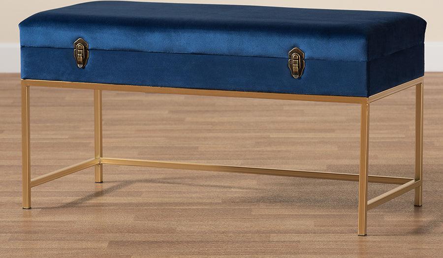 Wholesale Interiors Ottomans & Stools - Aliana Navy Blue Velvet Fabric Upholstered and Gold Finished Metal Large Storage Ottoman