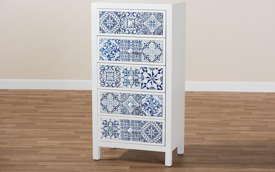 Wholesale Interiors Buffets & Cabinets - Alma Spanish Inspired White Wood and Blue Floral Tile Style 5-Drawer Accent Storage Cabinet