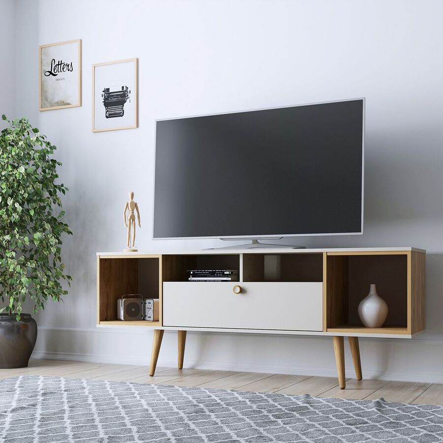 Manhattan Comfort TV & Media Units - Theodore 62.99 TV Stand with 6 Shelves in Off White & Cinnamon