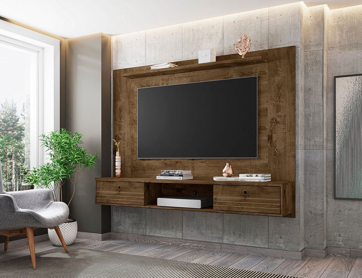 Manhattan Comfort TV & Media Units - Liberty 70.86 Floating Wall Entertainment Center with Overhead Shelf in Rustic Brown