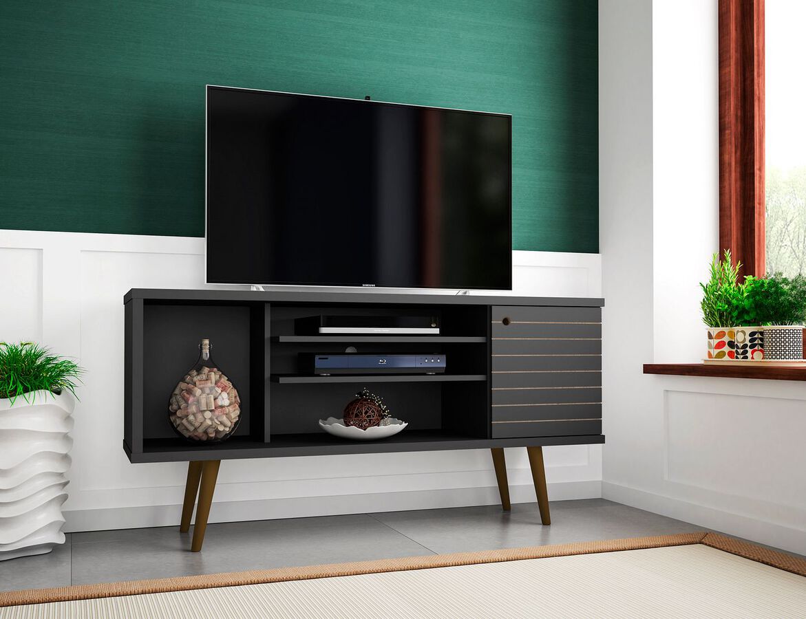 Manhattan Comfort TV & Media Units - Liberty 53.14" Mid-Century - Modern TV Stand with 5 Shelves & 1 Door in Black