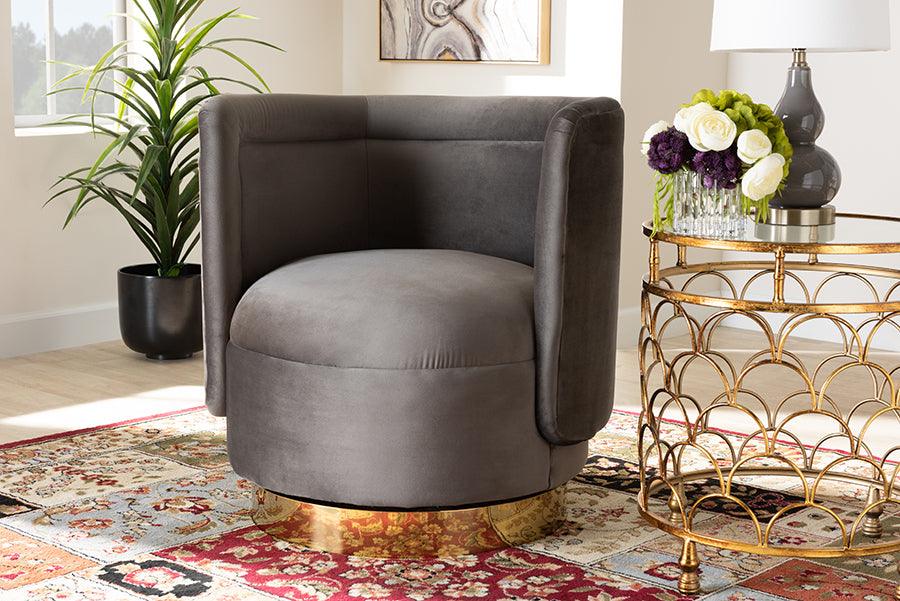 Wholesale Interiors Accent Chairs - Saffi Glam And Luxe Grey Velvet Fabric Upholstered Gold Finished Swivel Accent Chair