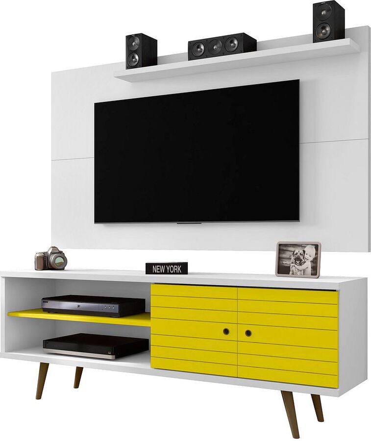 Manhattan Comfort TV & Media Units - Liberty 62.99 Mid-Century Modern TV Stand & Panel with Solid Wood Legs in White & Yellow