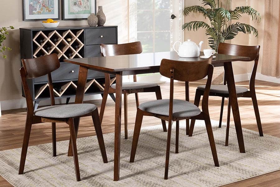 Wholesale Interiors Dining Sets - Nori Light Grey Fabric Upholstered and Walnut Brown Finished Wood 5-Piece Dining Set