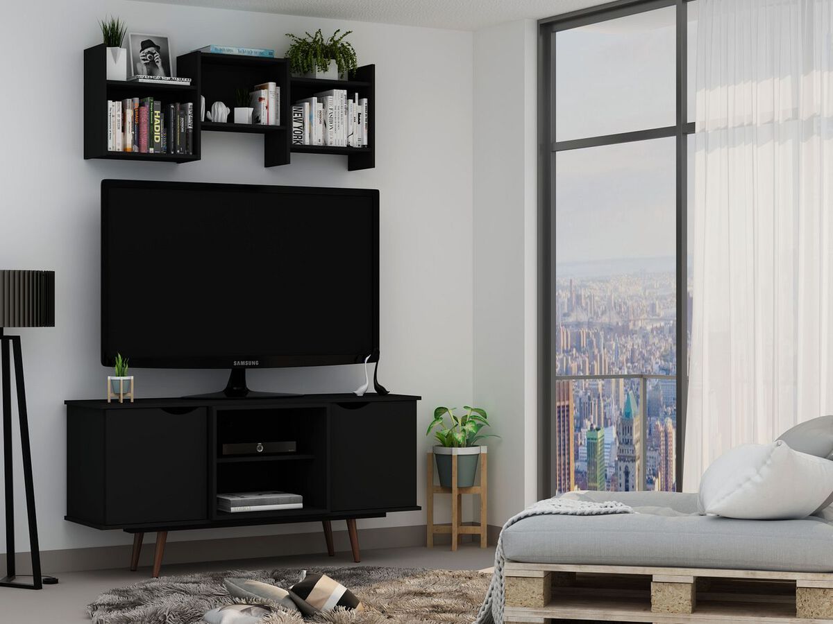 Manhattan Comfort TV & Media Units - Hampton 53.54 TV Stand with 4 Shelves & Solid Wood Legs in Black