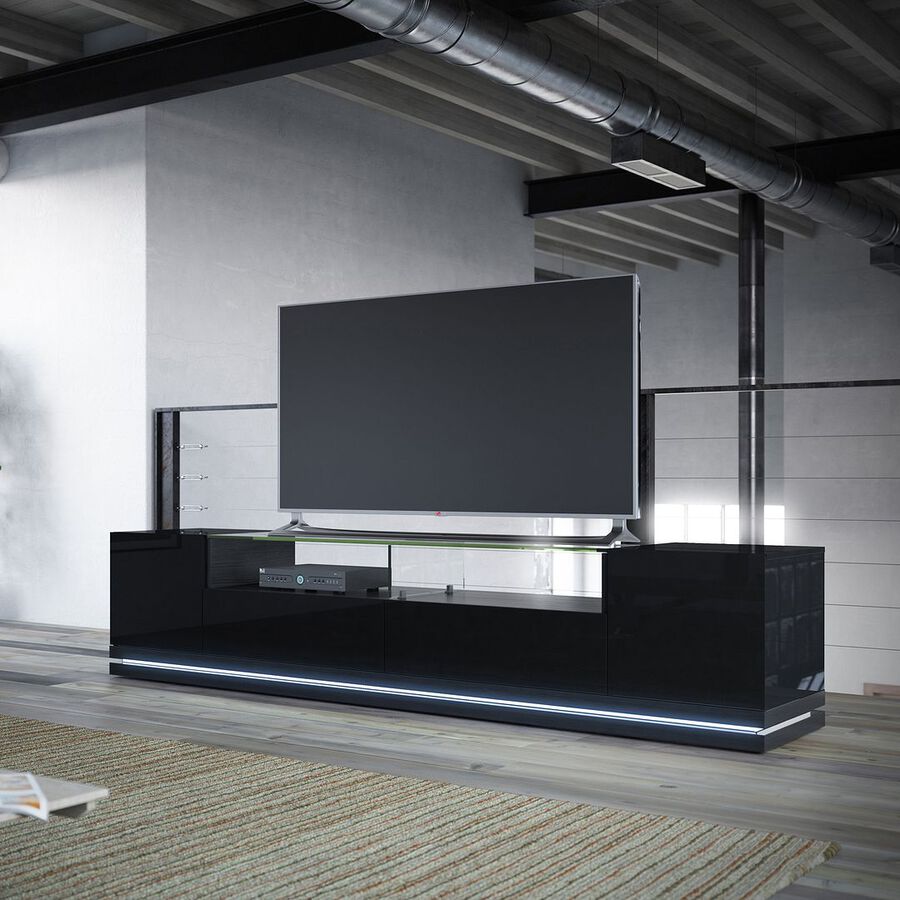 Manhattan Comfort TV & Media Units - Vanderbilt TV Stand and Cabrini 2.2 Floating Wall TV Panel in Black Gloss and Black Matte