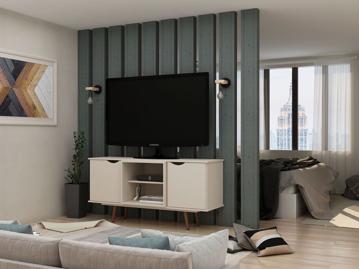 Manhattan Comfort TV & Media Units - Hampton 53.54 TV Stand with 4 Shelves & Solid Wood Legs in Off White