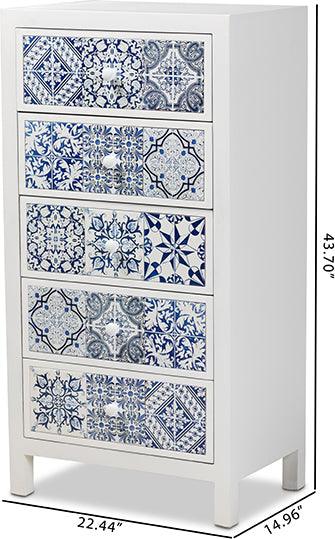 Wholesale Interiors Buffets & Cabinets - Alma Spanish Inspired White Wood and Blue Floral Tile Style 5-Drawer Accent Storage Cabinet