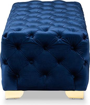 Wholesale Interiors Ottomans & Stools - Avara Glam & Luxe Royal Blue and Gold Finished Button Tufted Bench Ottoman