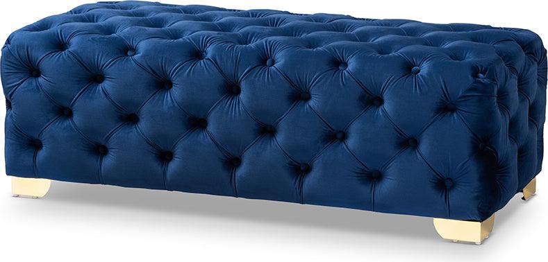 Wholesale Interiors Ottomans & Stools - Avara Glam & Luxe Royal Blue and Gold Finished Button Tufted Bench Ottoman