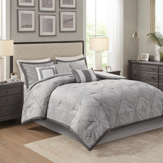 Olliix.com Comforters & Blankets - 7 Piece Jacquard Comforter Set Gray Queen