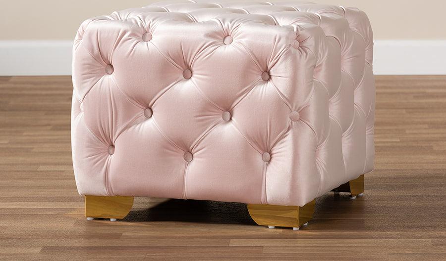 Wholesale Interiors Ottomans & Stools - Avara Glam Light Pink Velvet Fabric Upholstered Gold Finished Button Tufted Ottoman