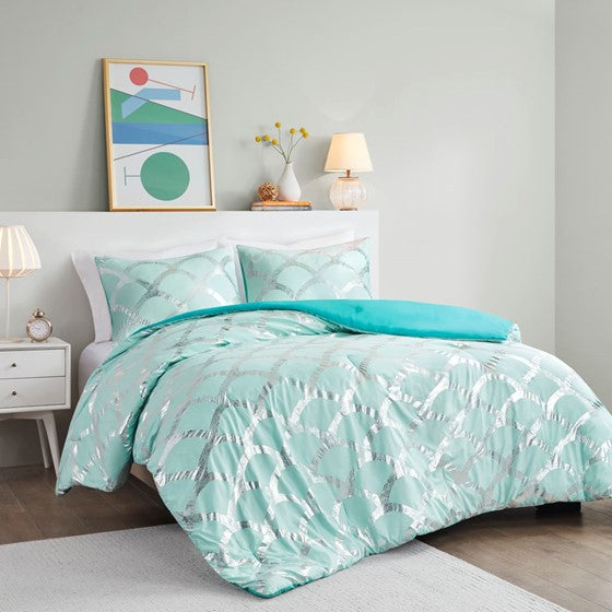 Olliix.com Comforters & Blankets - Metallic Printed Comforter and Sham Set Aqua Twin XL