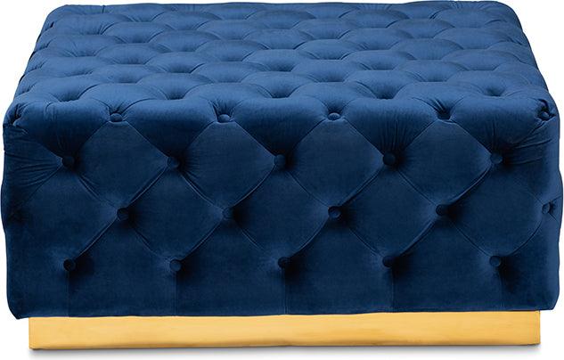 Wholesale Interiors Ottomans & Stools - Verene Glam & Luxe Royal Blue Velvet Gold Finished Square Cocktail Ottoman