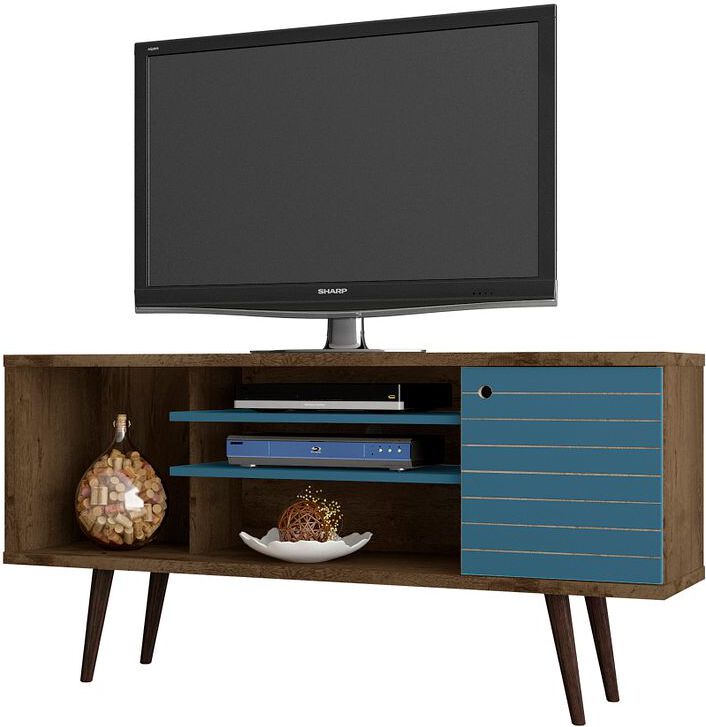 Manhattan Comfort TV & Media Units - Liberty 53.14" Mid-Century - Modern TV St& Rustic Brown & Aqua Blue