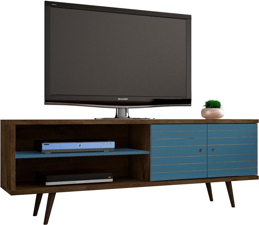 Manhattan Comfort TV & Media Units - Liberty 62.99 Mid-Century Modern TV Stand & Panel with Solid Wood Legs in Rustic Brown & Aqua Blue