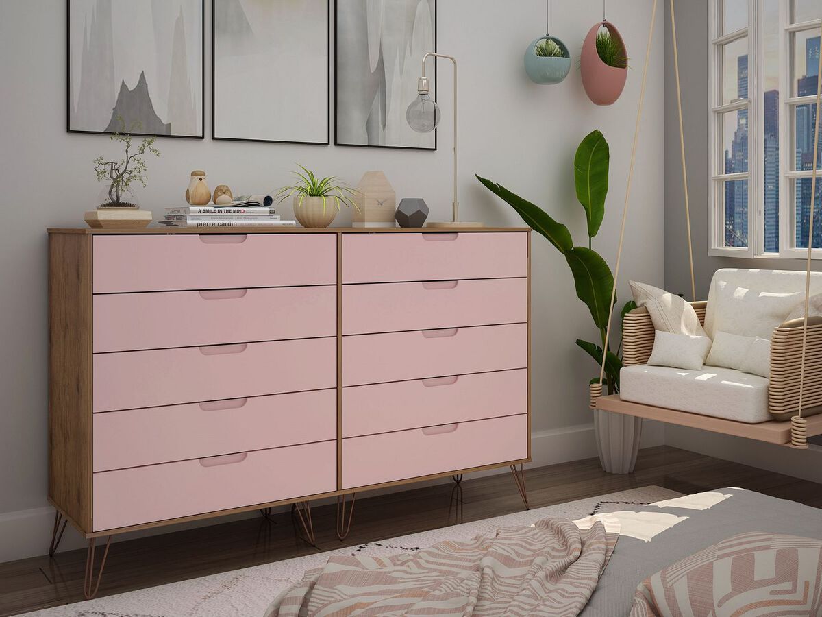 Manhattan Comfort Dressers - Rockefeller 10-Drawer Double Tall Dresser with Metal Legs in Nature & Rose Pink