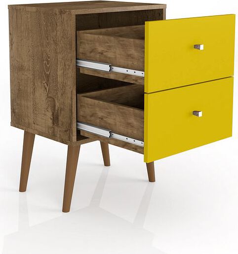 Manhattan Comfort Nightstands & Side Tables - Liberty Mid-Century - Modern Nightstand 2.0 with 2 Full Extension Drawers in Rustic Brown & Yellow