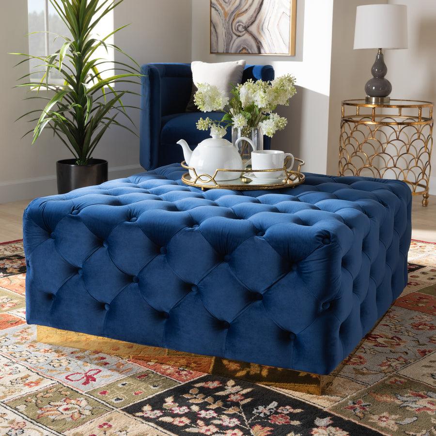 Wholesale Interiors Ottomans & Stools - Verene Glam & Luxe Royal Blue Velvet Gold Finished Square Cocktail Ottoman