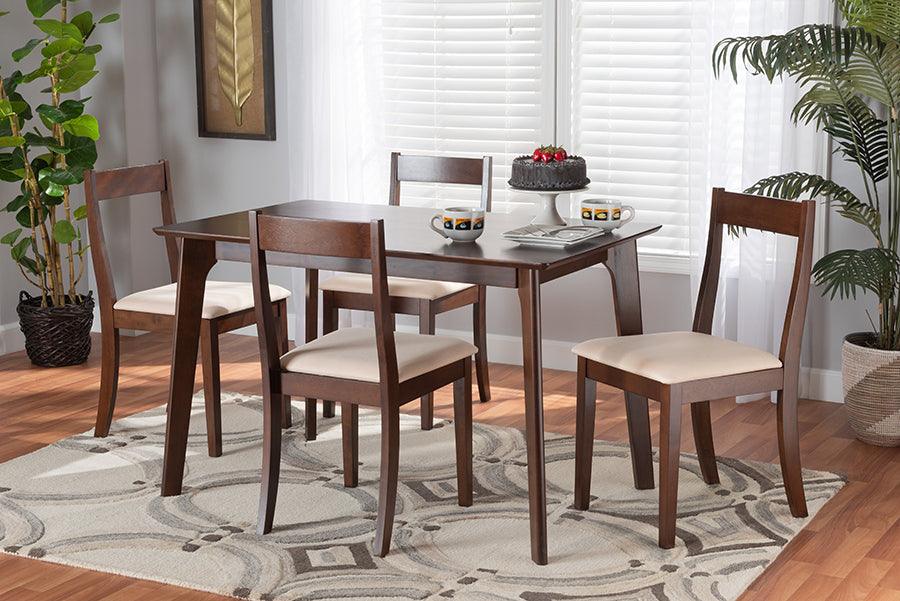 Wholesale Interiors Dining Sets - Carola Mid-Century Modern Cream Fabric And Dark Brown Finished Wood 5-Piece Dining Set