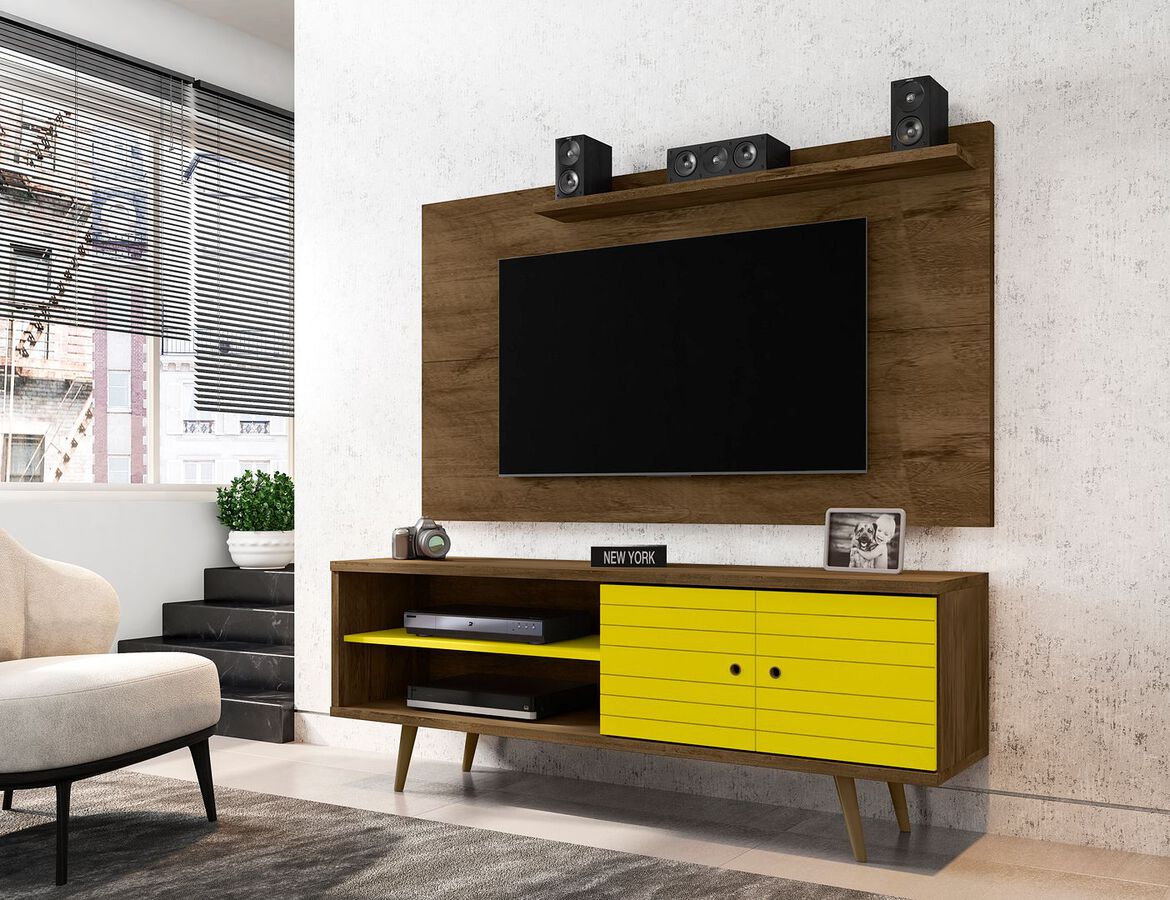 Manhattan Comfort TV & Media Units - Liberty 62.99 Mid-Century Modern TV Stand & Panel with Solid Wood Legs in Rustic Brown & Yellow