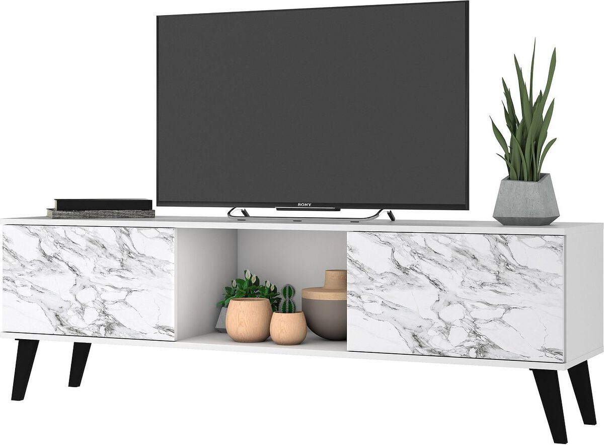 Manhattan Comfort TV & Media Units - Doyers 62.20 Mid-Century Modern TV Stand in White & Marble Stamp