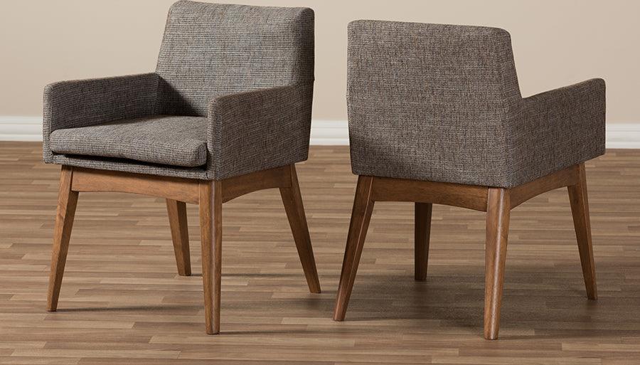 Nexus Mid Century Modern Walnut Wood and Gravel Fabric Arm Chair Set