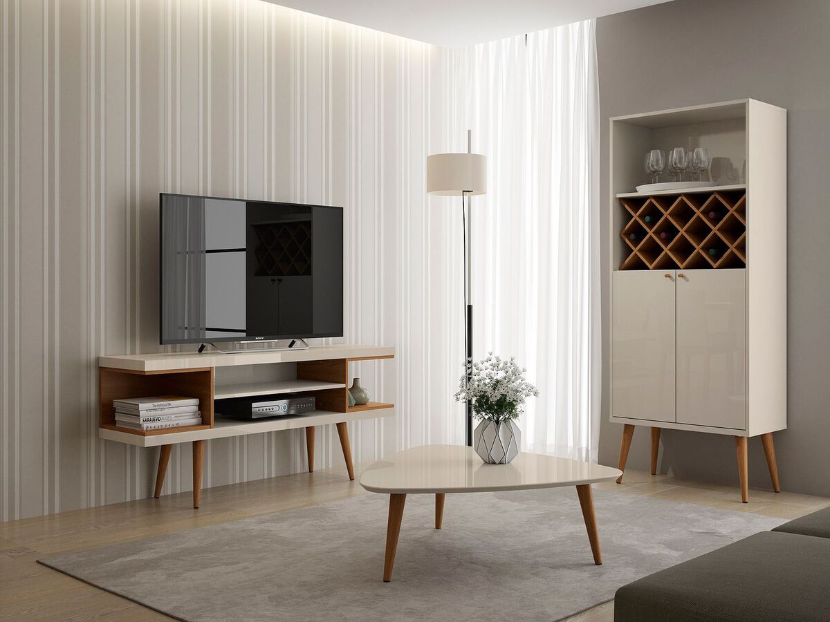 Manhattan Comfort TV & Media Units - Utopia 53.14" TV Stand with Splayed Wooden Legs & 4 Shelves in Off White & Maple Cream