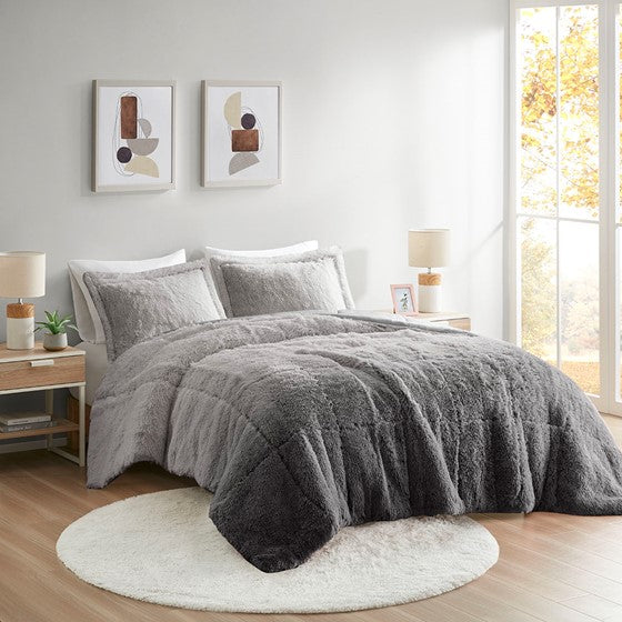 Olliix.com Comforters & Blankets - Ombre Shaggy Long Fur Comforter Mini Set Grey Cal King