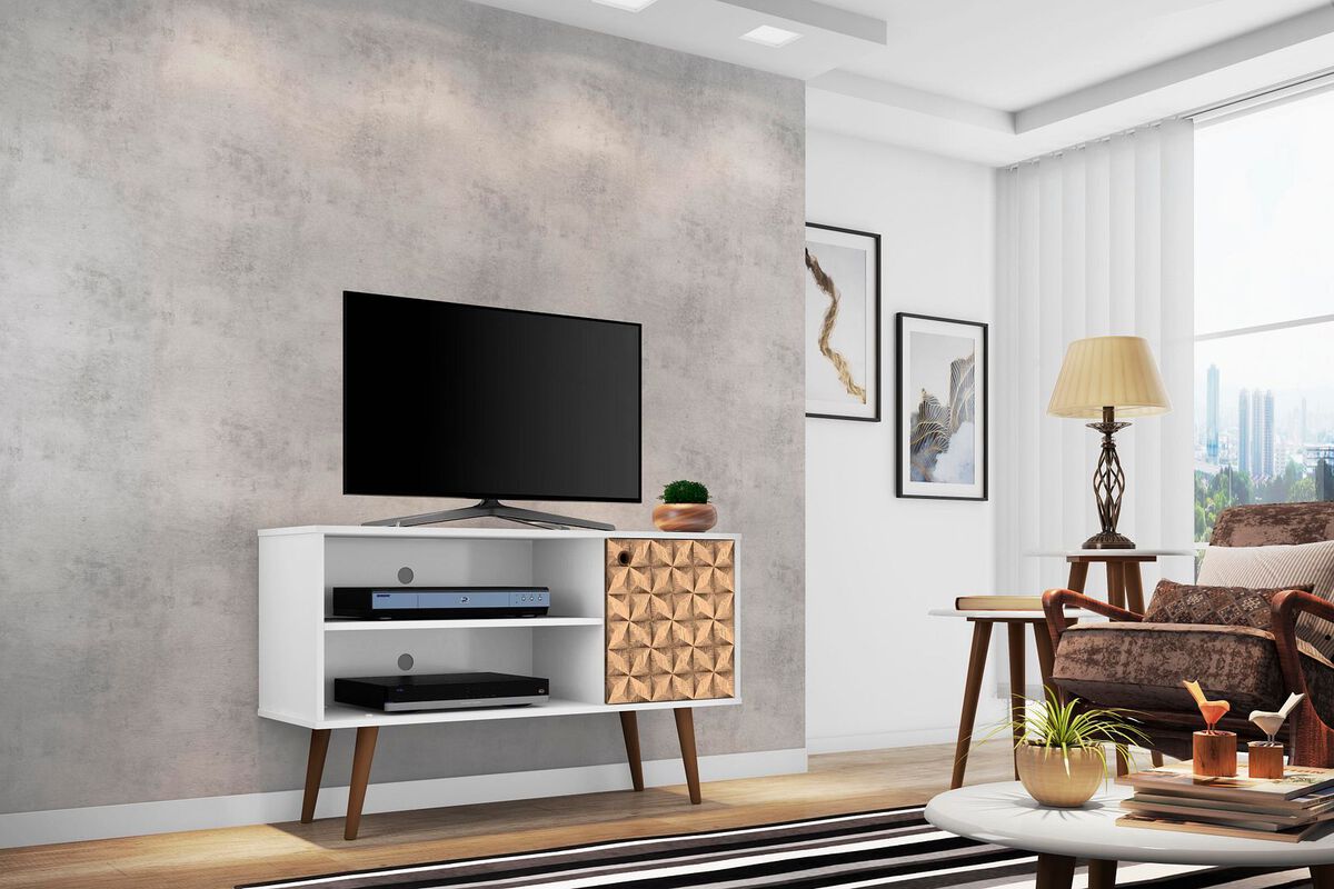 Manhattan Comfort TV & Media Units - Liberty 42.52" Mid-Century - Modern TV Stand with 2 Shelves & 1 Door in White & 3D