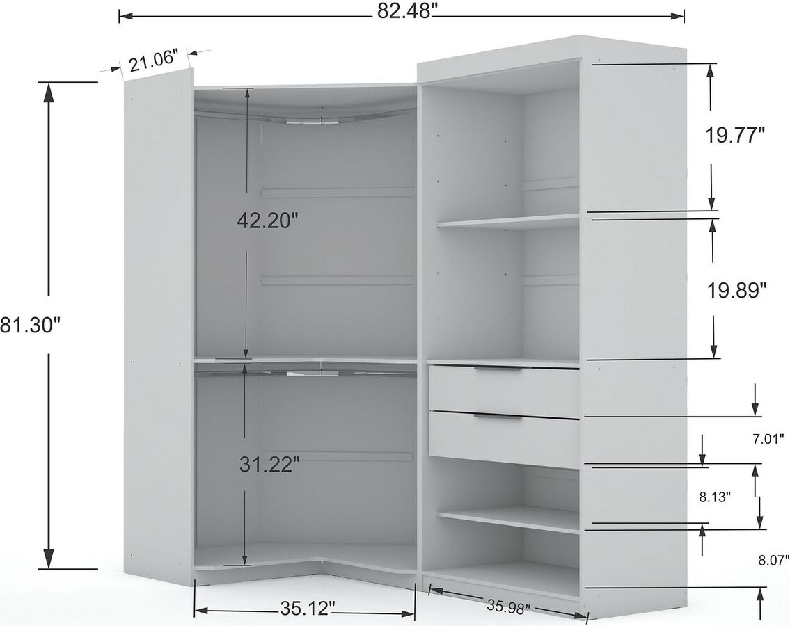 Manhattan Comfort Cabinets & Wardrobes - Mulberry Open 2 Sectional Modern Corner Wardrobe Closet with 2 Drawers- Set of 2 in White