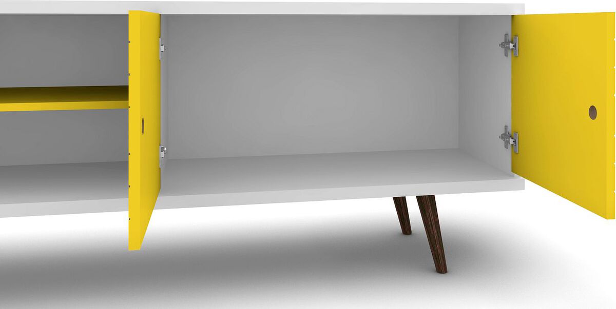 Manhattan Comfort TV & Media Units - Liberty 62.99 Mid-Century Modern TV Stand & Panel with Solid Wood Legs in White & Yellow