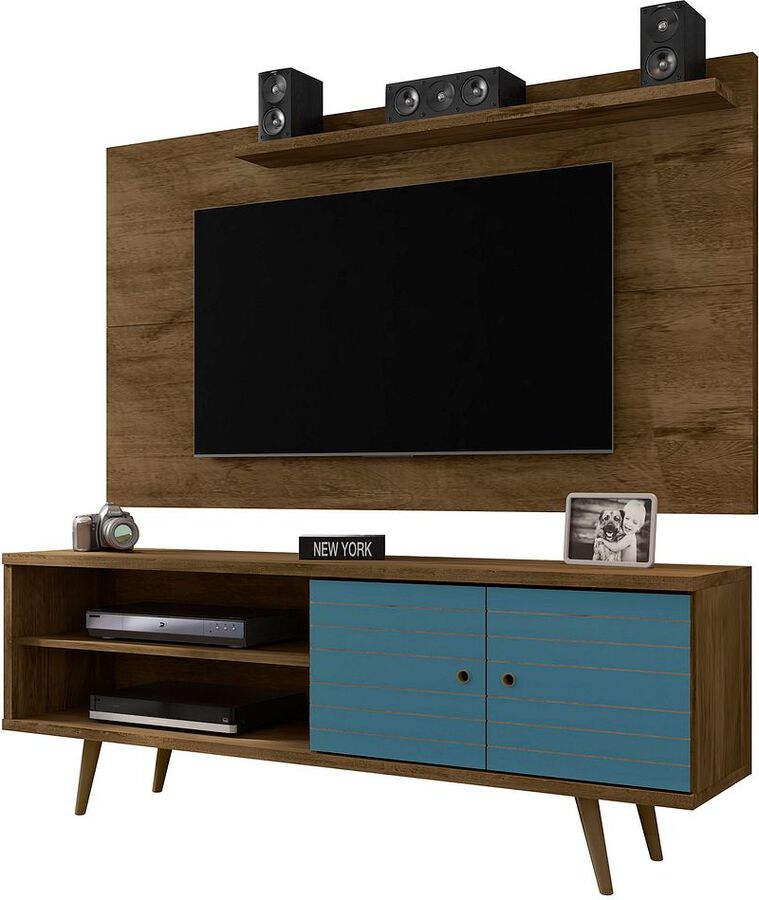 Manhattan Comfort TV & Media Units - Liberty 62.99 Mid-Century Modern TV Stand & Panel with Solid Wood Legs in Rustic Brown & Aqua Blue