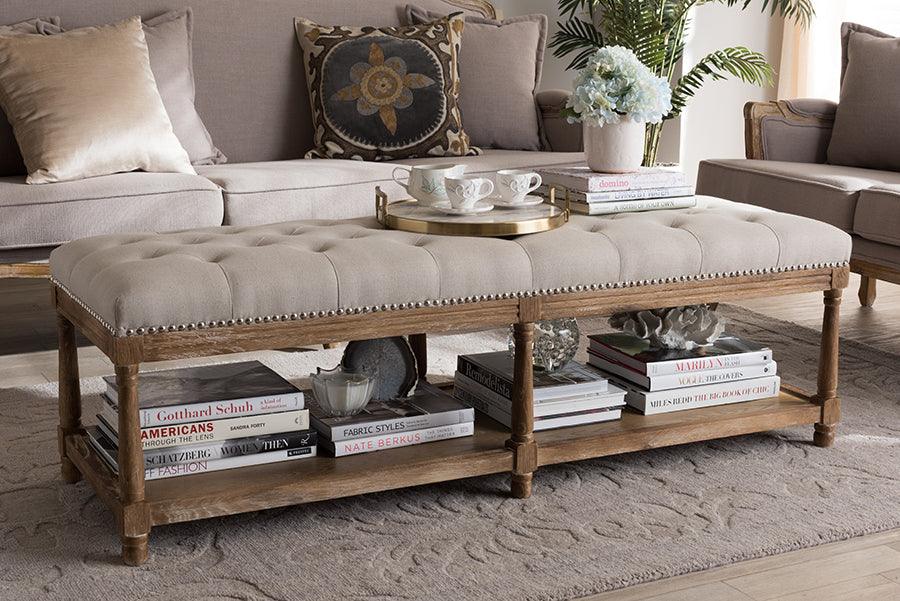 Wholesale Interiors Benches - Celeste French Country Weathered Oak Beige Linen Upholstered Ottoman Bench