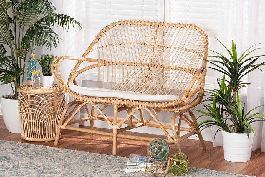 Wholesale Interiors Loveseats - Jayden Modern Bohemian White Fabric and Natural Brown Rattan Loveseat