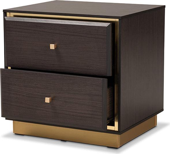 Wholesale Interiors Nightstands & Side Tables - Cormac Mid-Century Modern Dark Brown Finished Wood and Gold Metal 2-Drawer Nightstand