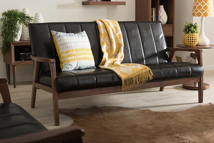 Wholesale Interiors Sofas & Couches - Nikko Mid-Century Modern Scandinavian Style Black Faux Leather Wooden 3-Seater Sofa